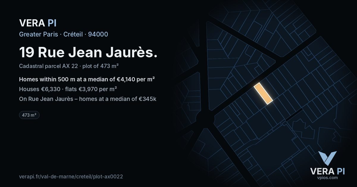19 Rue Jean Jaurès, Créteil at night – the plot lit, the parcels around coloured by the prices near them
