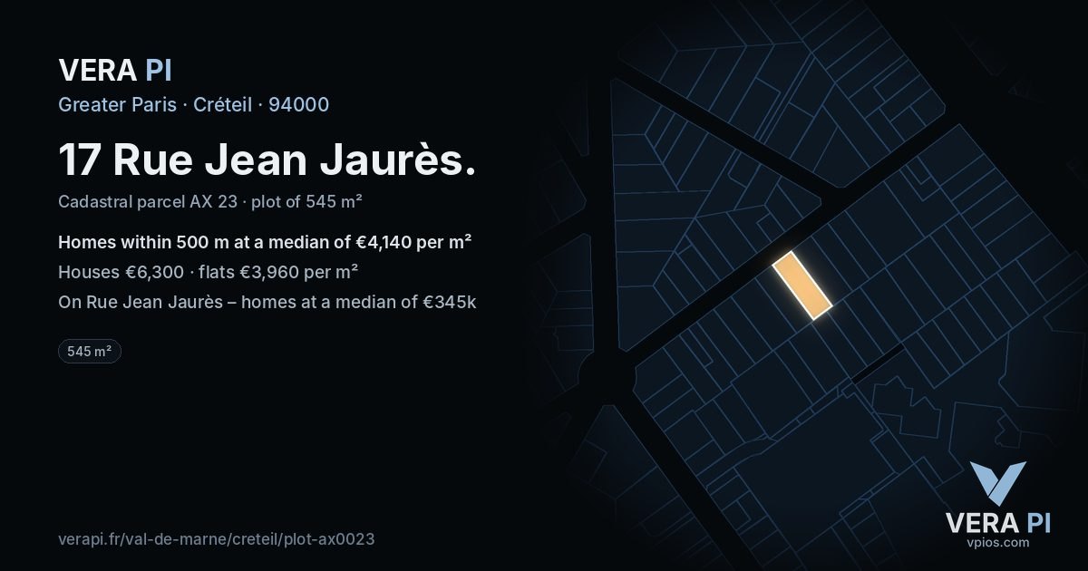 17 Rue Jean Jaurès, Créteil at night – the plot lit, the parcels around coloured by the prices near them