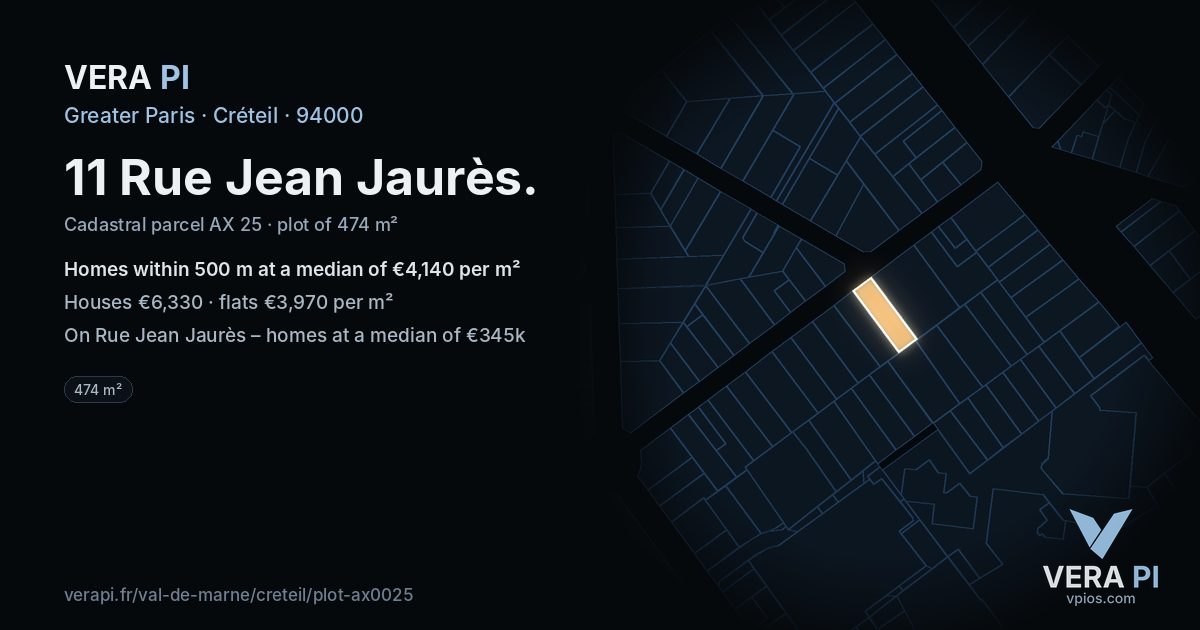 11 Rue Jean Jaurès, Créteil at night – the plot lit, the parcels around coloured by the prices near them