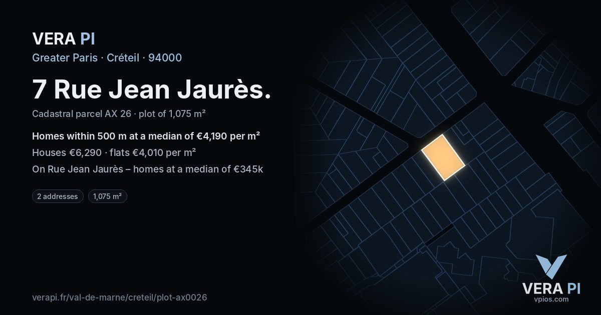 7 Rue Jean Jaurès, Créteil at night – the plot lit, the parcels around coloured by the prices near them