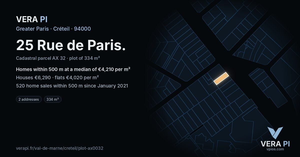 25 Rue de Paris, Créteil at night – the plot lit, the parcels around coloured by the prices near them
