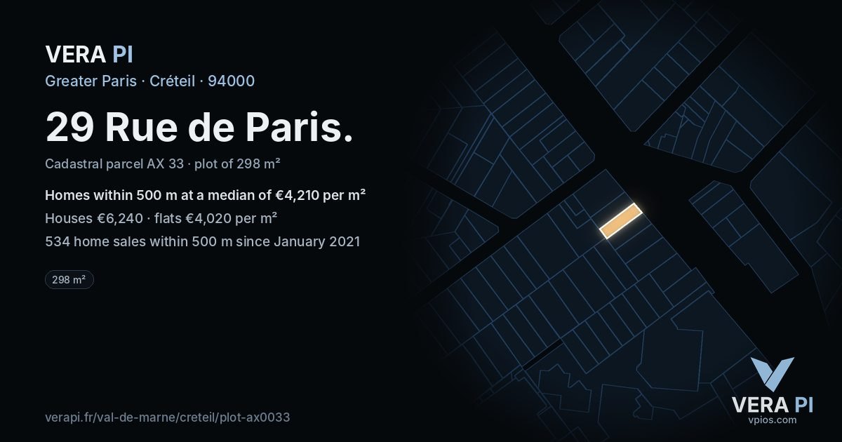 29 Rue de Paris, Créteil at night – the plot lit, the parcels around coloured by the prices near them