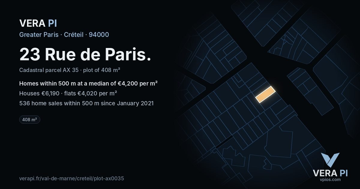23 Rue de Paris, Créteil at night – the plot lit, the parcels around coloured by the prices near them