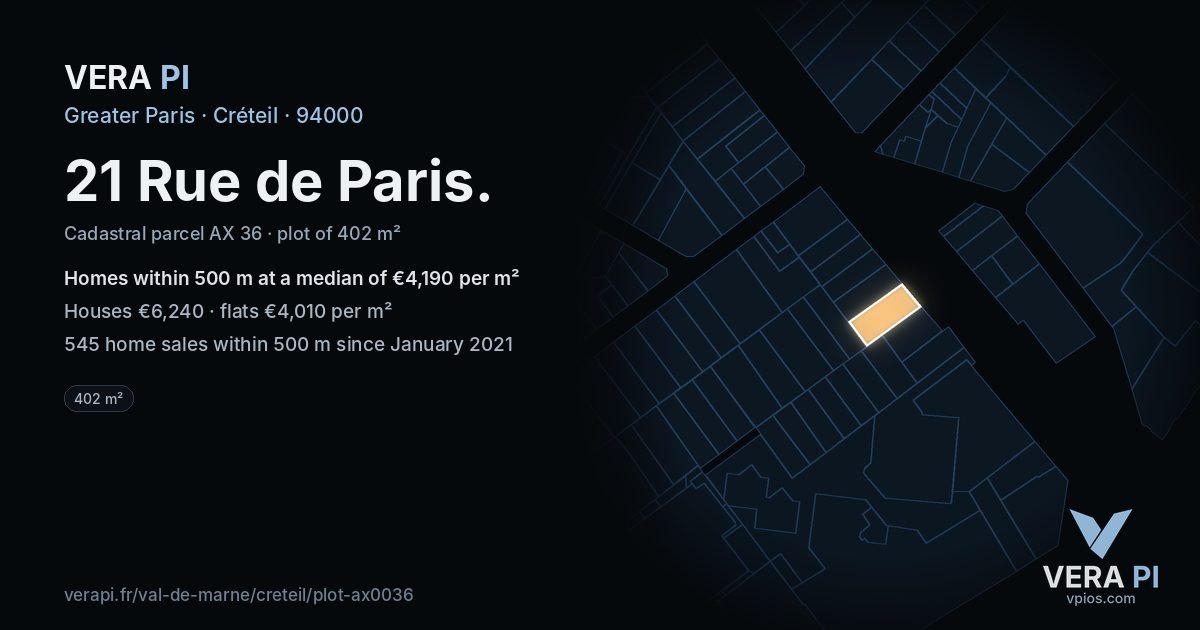 21 Rue de Paris, Créteil at night – the plot lit, the parcels around coloured by the prices near them