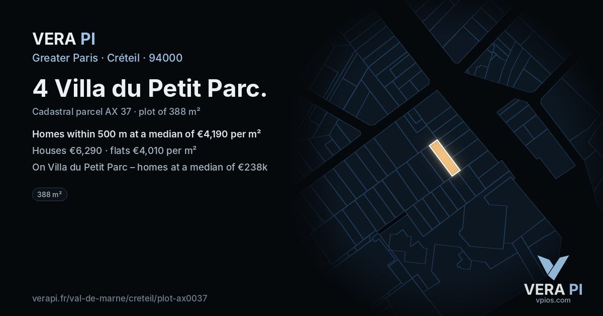 4 Villa du Petit Parc, Créteil at night – the plot lit, the parcels around coloured by the prices near them