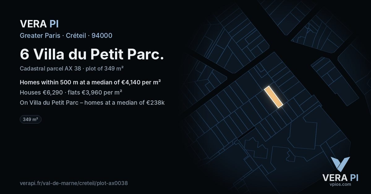 6 Villa du Petit Parc, Créteil at night – the plot lit, the parcels around coloured by the prices near them