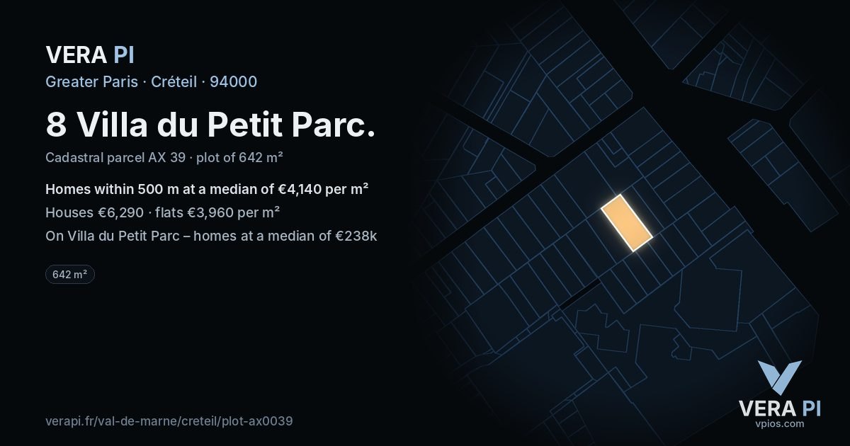 8 Villa du Petit Parc, Créteil at night – the plot lit, the parcels around coloured by the prices near them