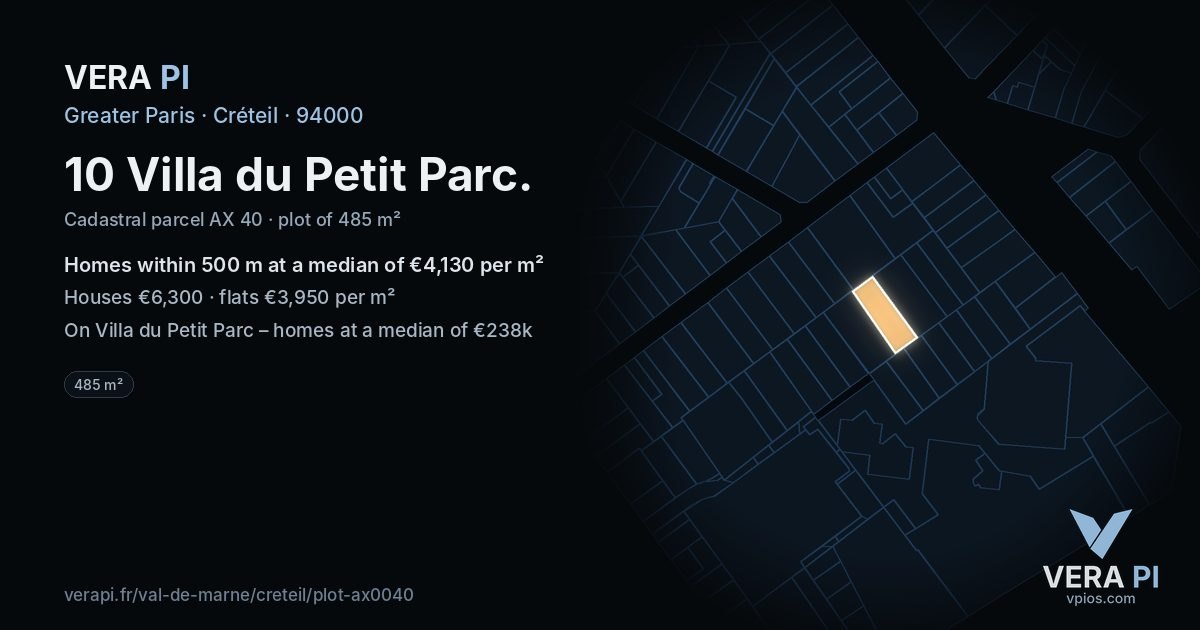 10 Villa du Petit Parc, Créteil at night – the plot lit, the parcels around coloured by the prices near them