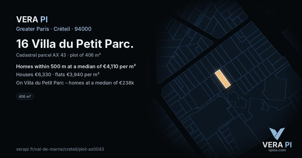 16 Villa du Petit Parc, Créteil at night – the plot lit, the parcels around coloured by the prices near them