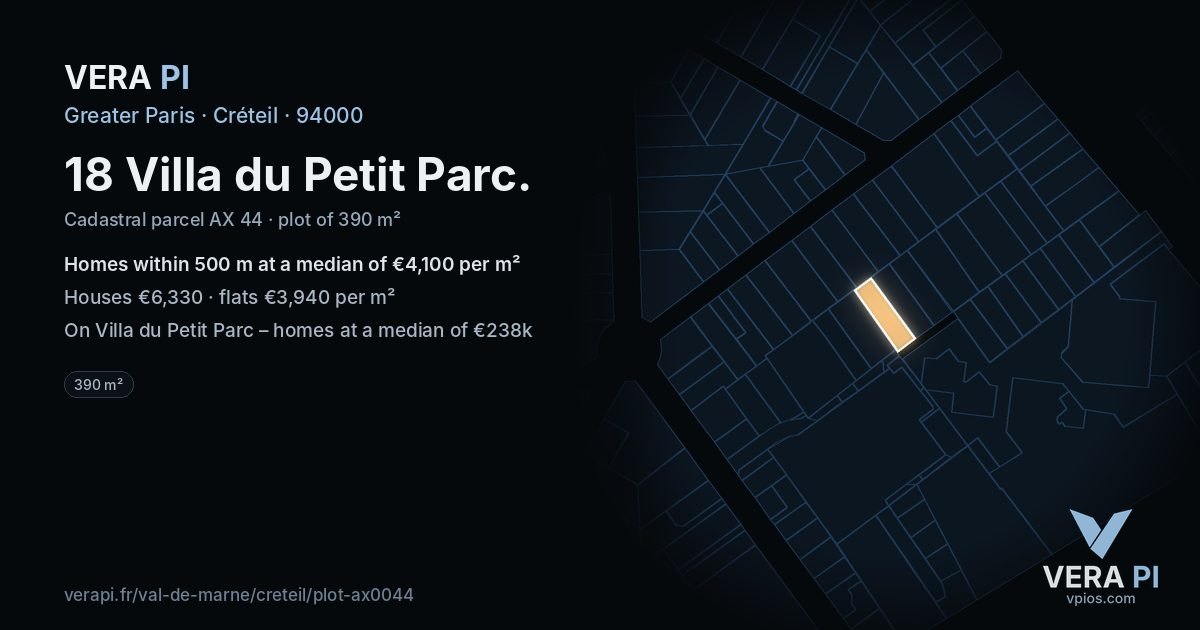 18 Villa du Petit Parc, Créteil at night – the plot lit, the parcels around coloured by the prices near them