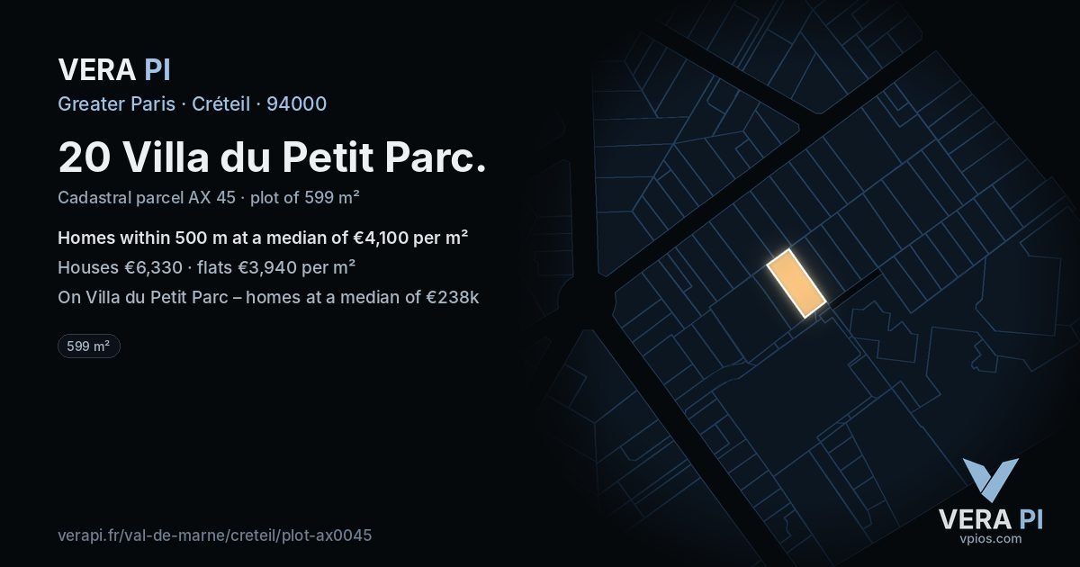 20 Villa du Petit Parc, Créteil at night – the plot lit, the parcels around coloured by the prices near them