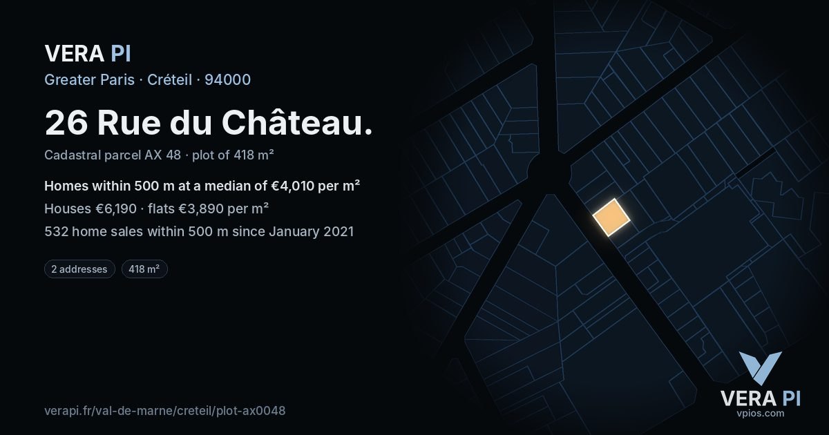 26 Rue du Château, Créteil at night – the plot lit, the parcels around coloured by the prices near them