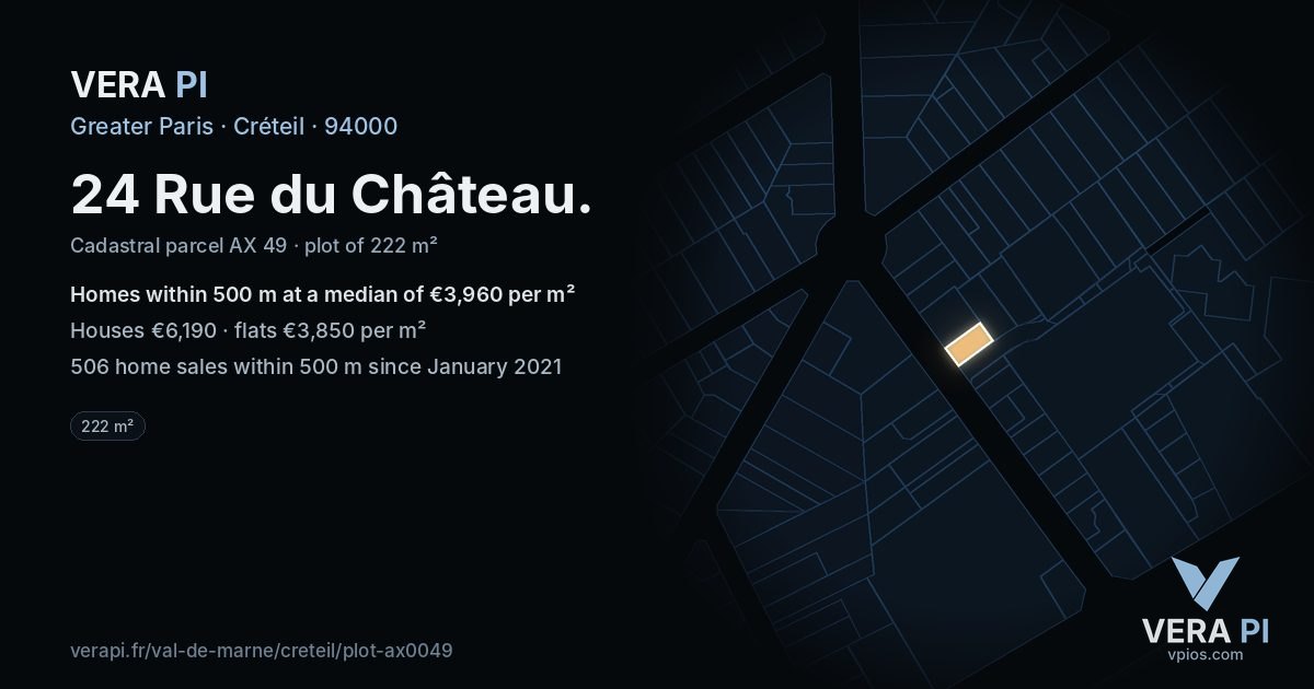 24 Rue du Château, Créteil at night – the plot lit, the parcels around coloured by the prices near them
