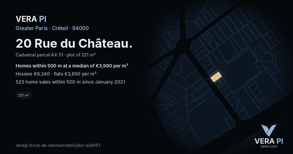 20 Rue du Château, Créteil at night – the plot lit, the parcels around coloured by the prices near them