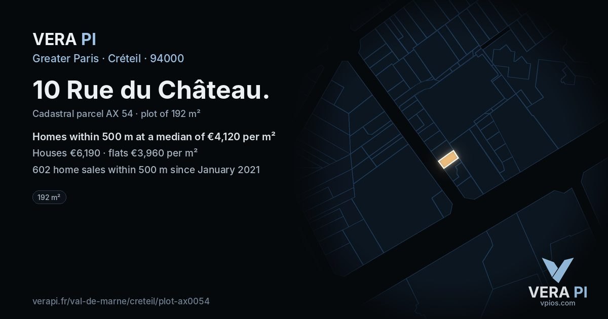 10 Rue du Château, Créteil at night – the plot lit, the parcels around coloured by the prices near them