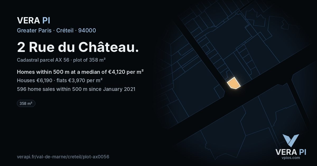 2 Rue du Château, Créteil at night – the plot lit, the parcels around coloured by the prices near them
