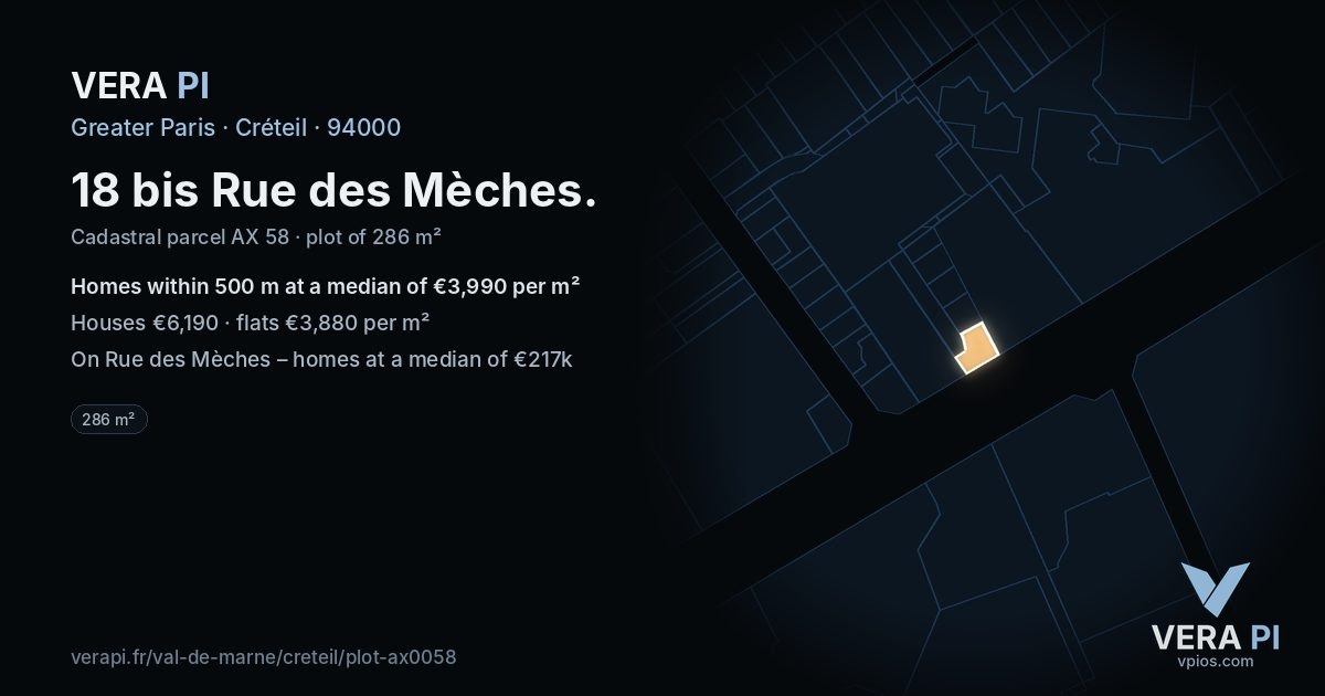 18 bis Rue des Mèches, Créteil at night – the plot lit, the parcels around coloured by the prices near them