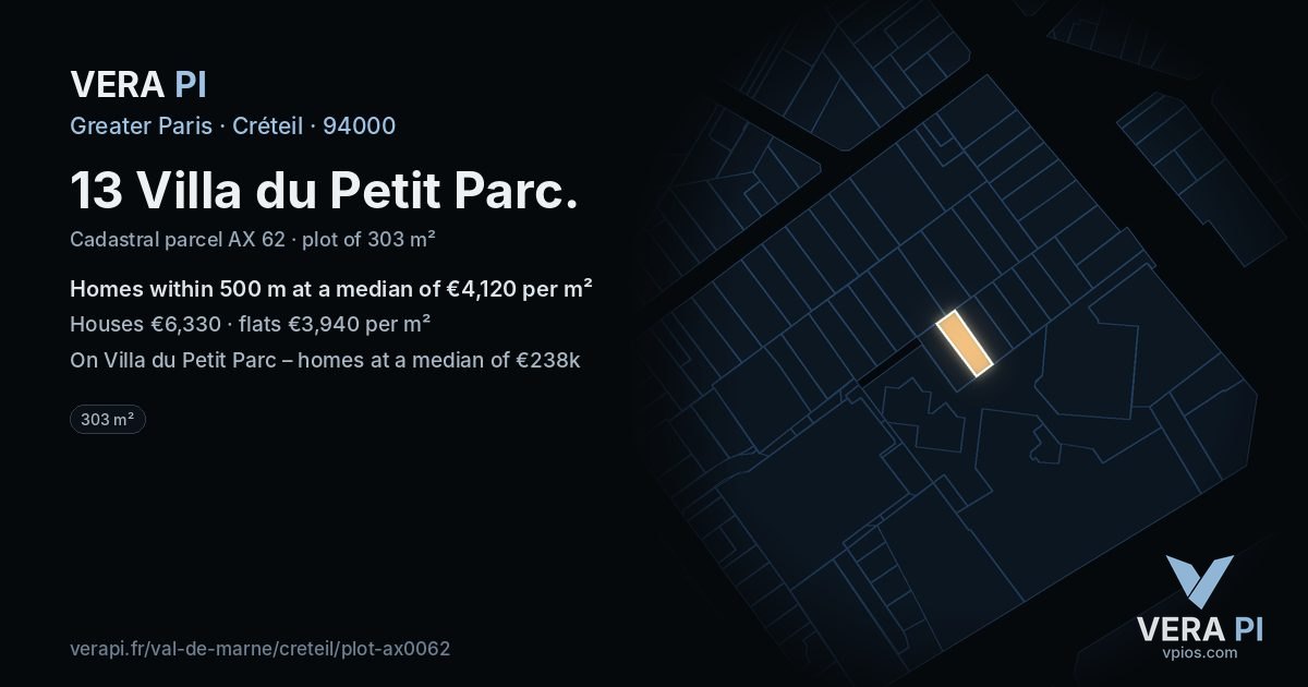 13 Villa du Petit Parc, Créteil at night – the plot lit, the parcels around coloured by the prices near them