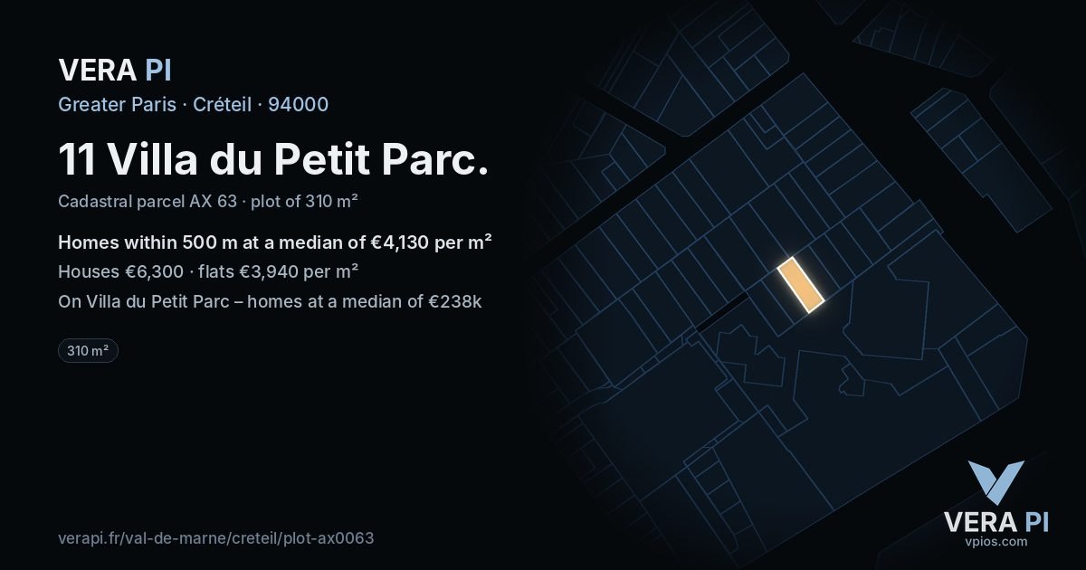 11 Villa du Petit Parc, Créteil at night – the plot lit, the parcels around coloured by the prices near them