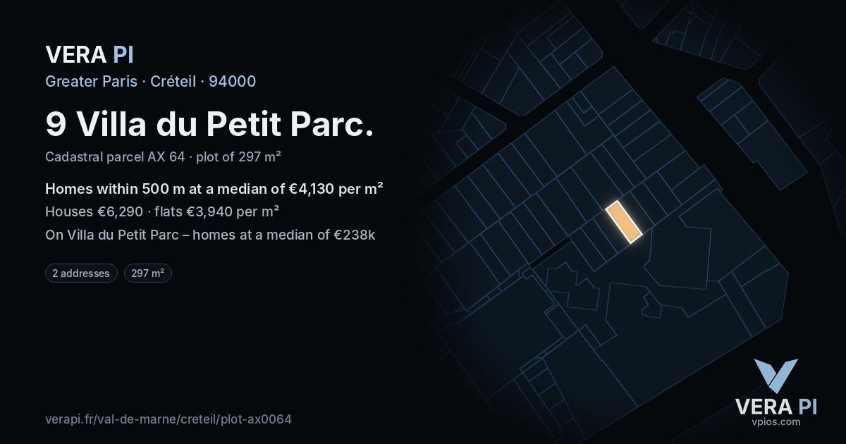 9 Villa du Petit Parc, Créteil at night – the plot lit, the parcels around coloured by the prices near them