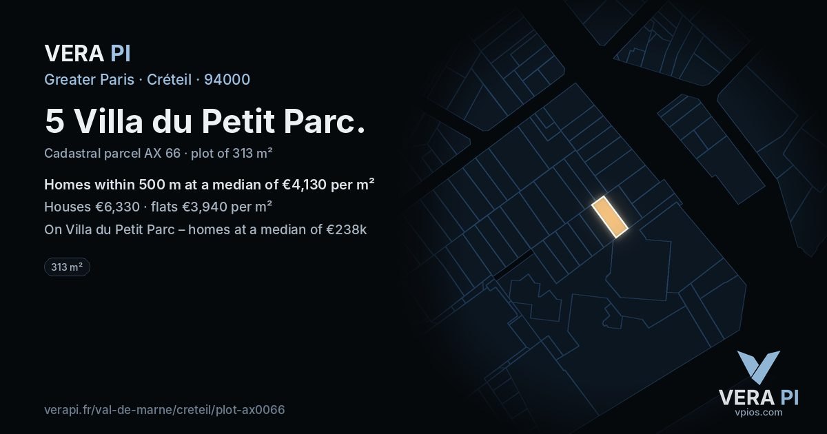 5 Villa du Petit Parc, Créteil at night – the plot lit, the parcels around coloured by the prices near them