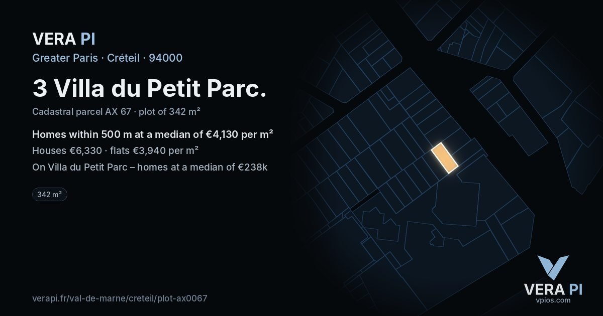 3 Villa du Petit Parc, Créteil at night – the plot lit, the parcels around coloured by the prices near them