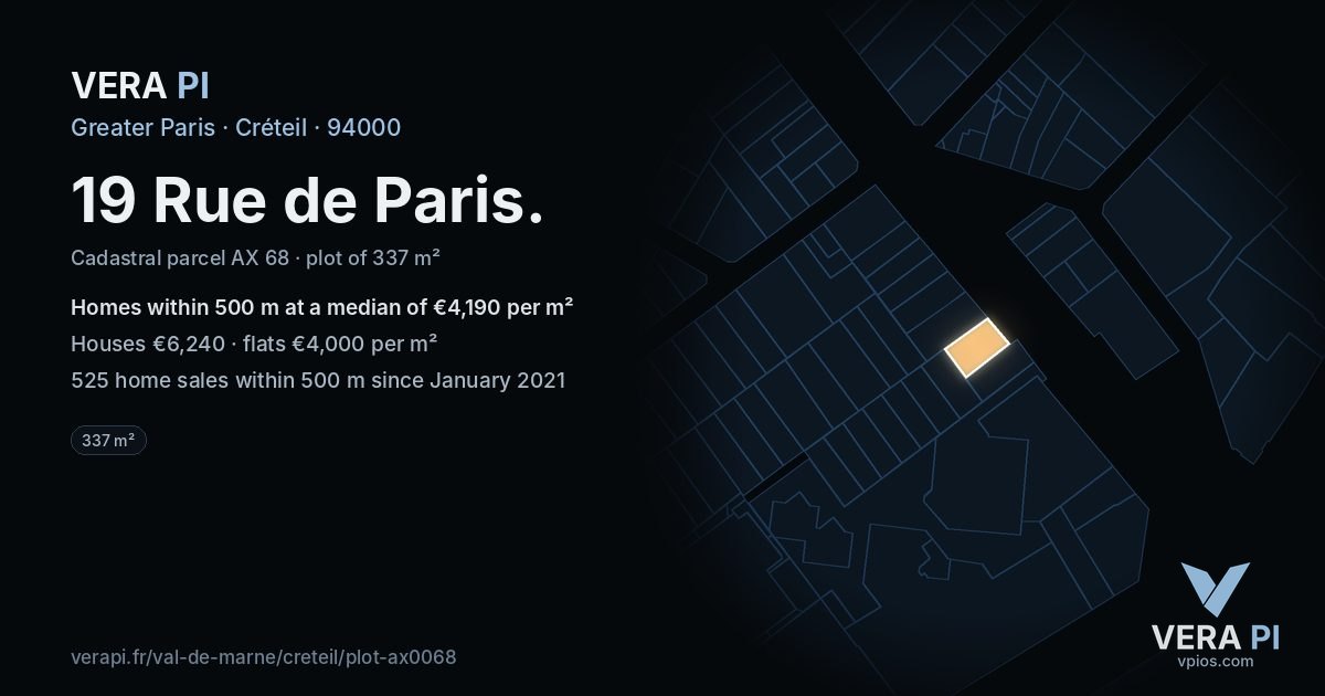 19 Rue de Paris, Créteil at night – the plot lit, the parcels around coloured by the prices near them