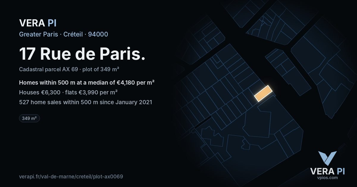 17 Rue de Paris, Créteil at night – the plot lit, the parcels around coloured by the prices near them
