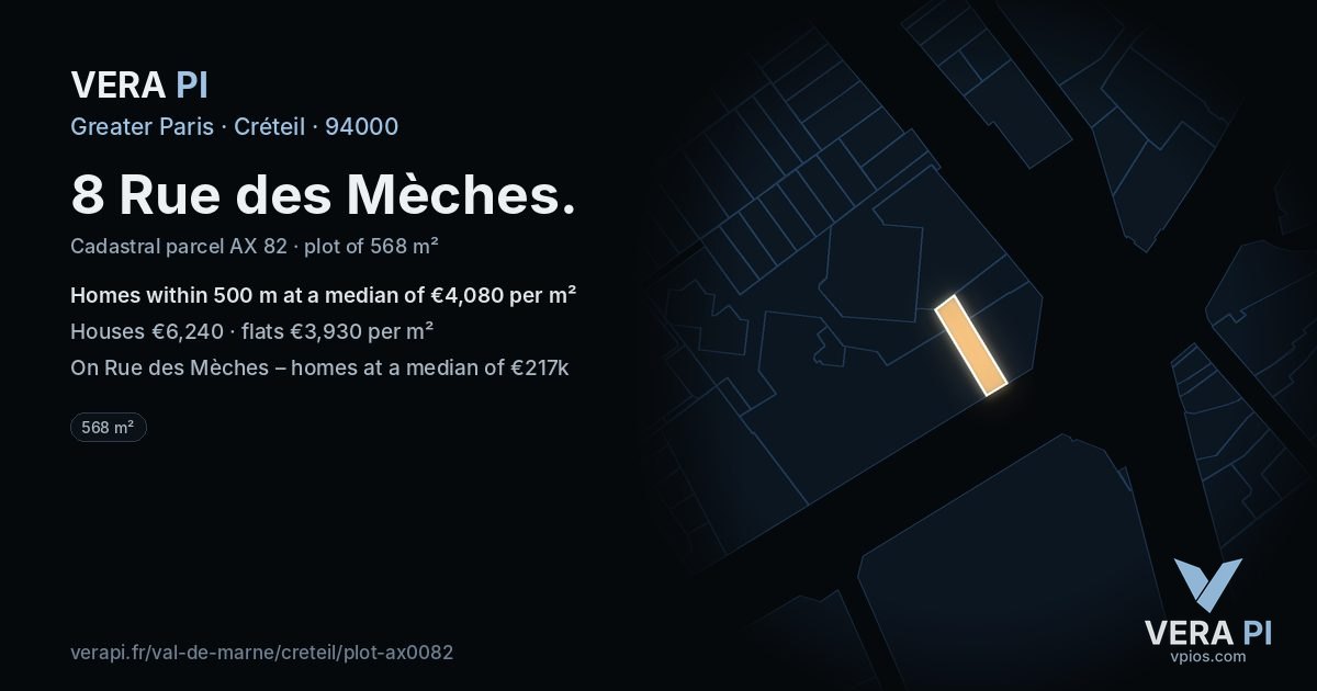 8 Rue des Mèches, Créteil at night – the plot lit, the parcels around coloured by the prices near them