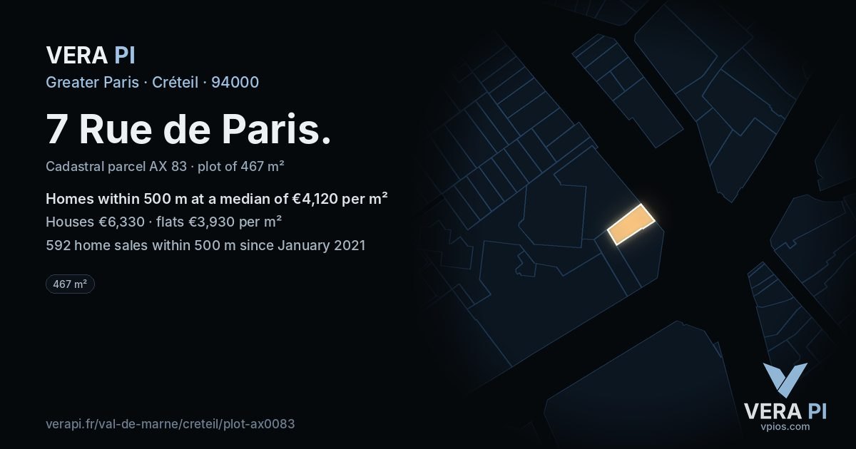 7 Rue de Paris, Créteil at night – the plot lit, the parcels around coloured by the prices near them