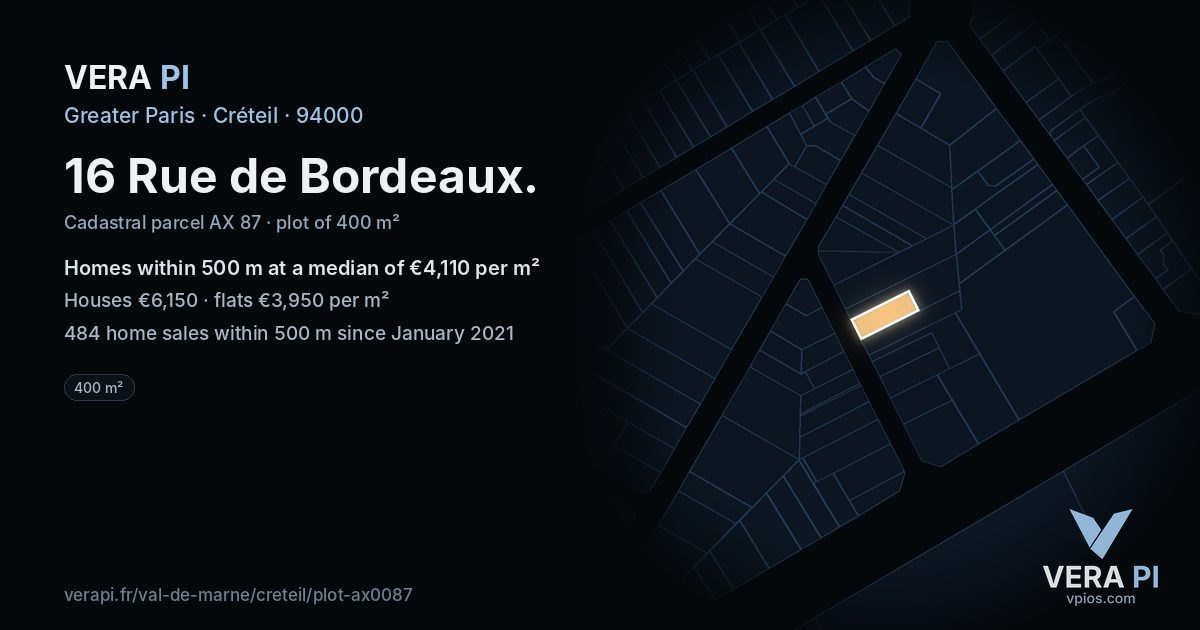 16 Rue de Bordeaux, Créteil at night – the plot lit, the parcels around coloured by the prices near them