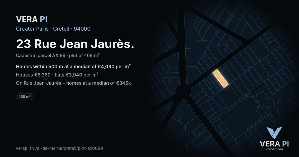 23 Rue Jean Jaurès, Créteil at night – the plot lit, the parcels around coloured by the prices near them