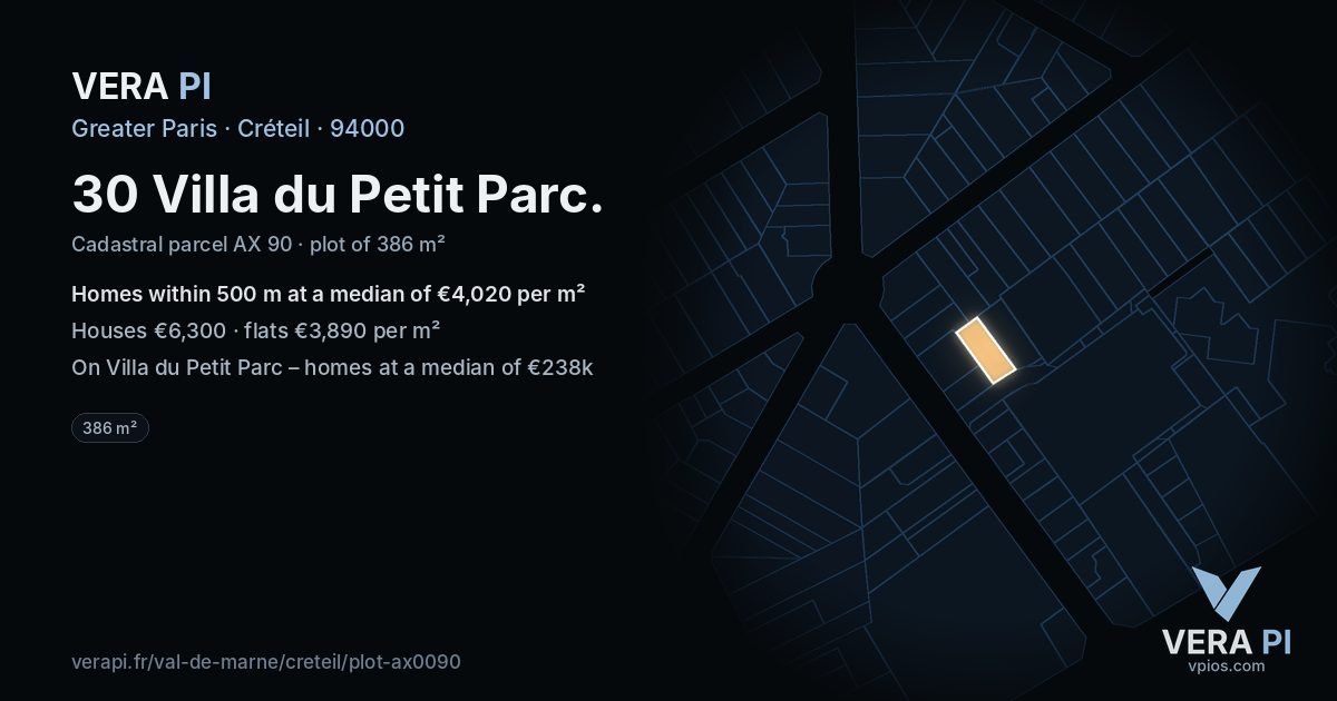 30 Villa du Petit Parc, Créteil at night – the plot lit, the parcels around coloured by the prices near them