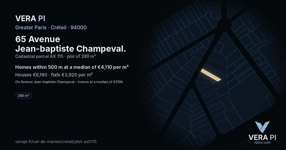 65 Avenue Jean-baptiste Champeval, Créteil at night – the plot lit, the parcels around coloured by the prices near them