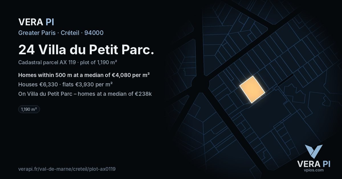 24 Villa du Petit Parc, Créteil at night – the plot lit, the parcels around coloured by the prices near them