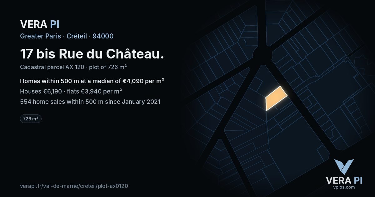 17 bis Rue du Château, Créteil at night – the plot lit, the parcels around coloured by the prices near them