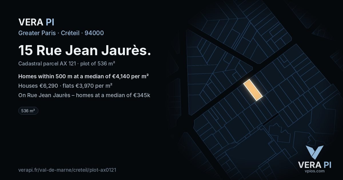 15 Rue Jean Jaurès, Créteil at night – the plot lit, the parcels around coloured by the prices near them