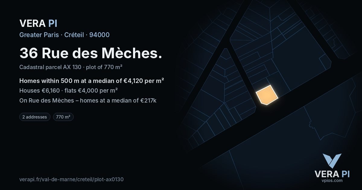 36 Rue des Mèches, Créteil at night – the plot lit, the parcels around coloured by the prices near them