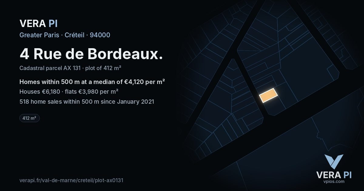 4 Rue de Bordeaux, Créteil at night – the plot lit, the parcels around coloured by the prices near them