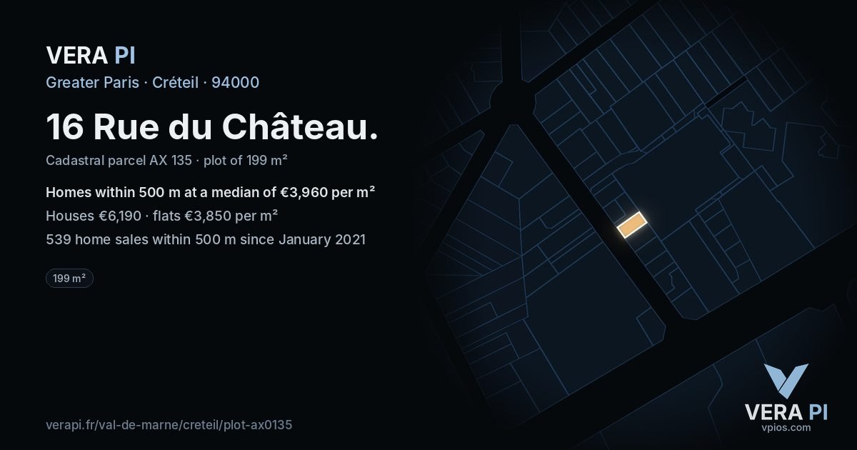 16 Rue du Château, Créteil at night – the plot lit, the parcels around coloured by the prices near them