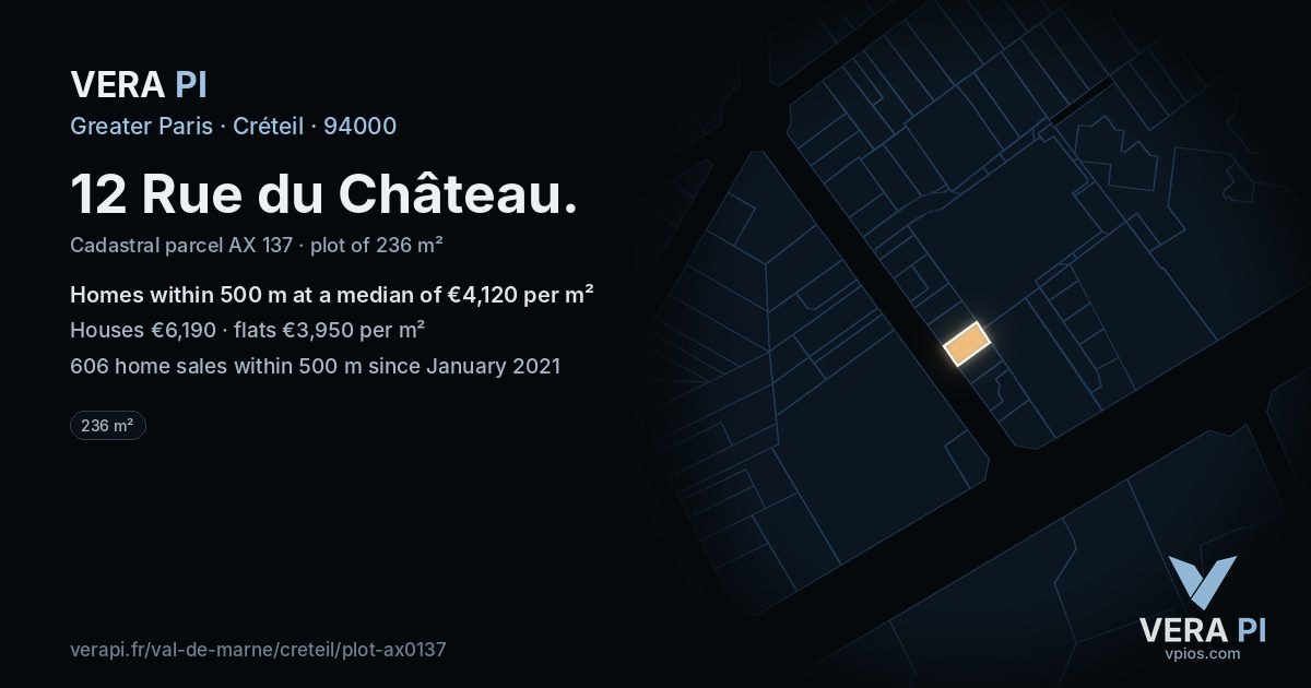 12 Rue du Château, Créteil at night – the plot lit, the parcels around coloured by the prices near them