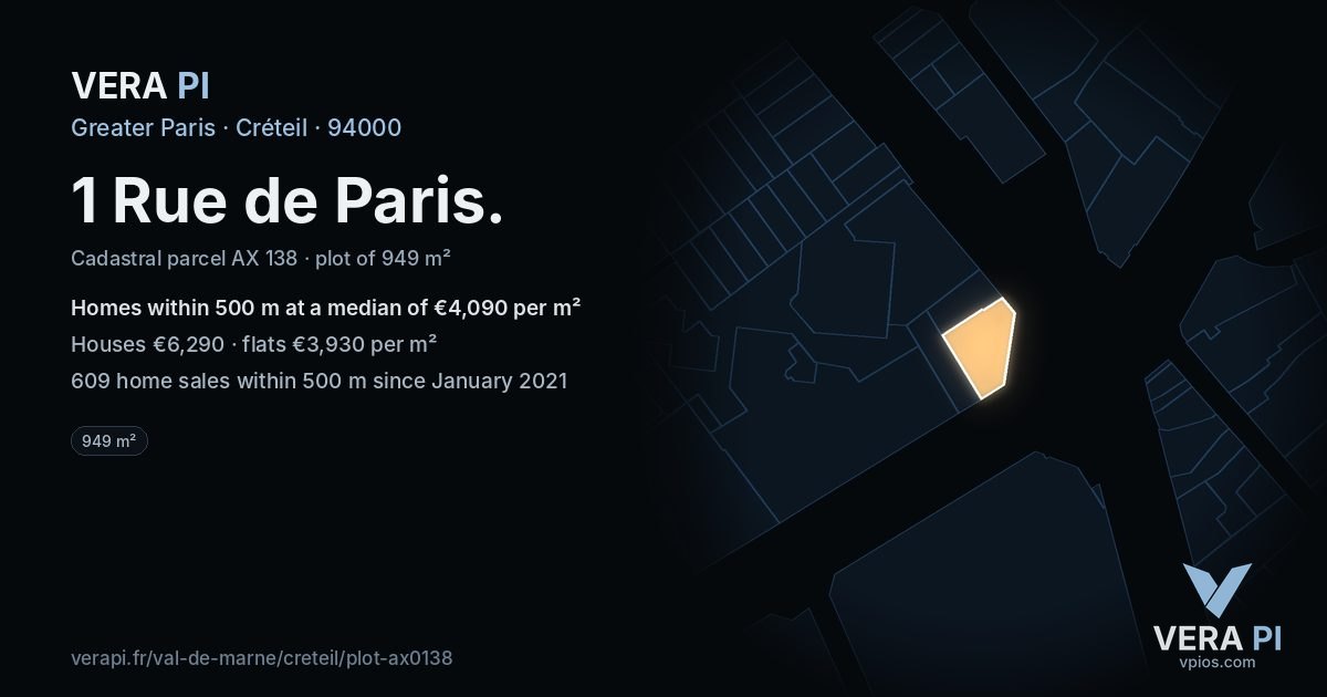 1 Rue de Paris, Créteil at night – the plot lit, the parcels around coloured by the prices near them