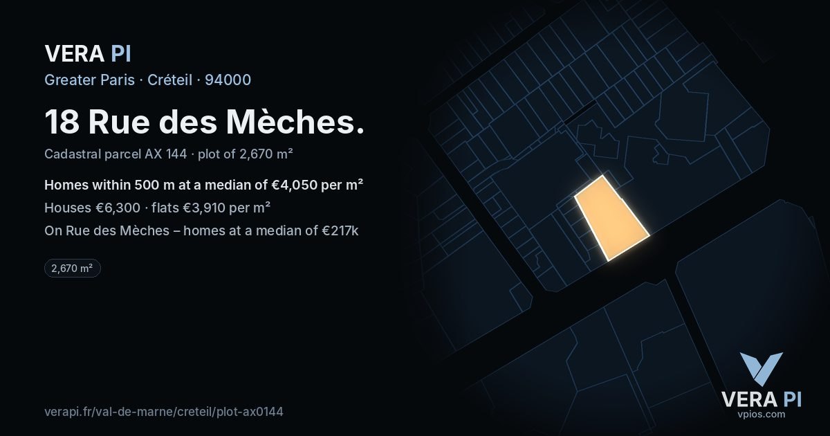 18 Rue des Mèches, Créteil at night – the plot lit, the parcels around coloured by the prices near them