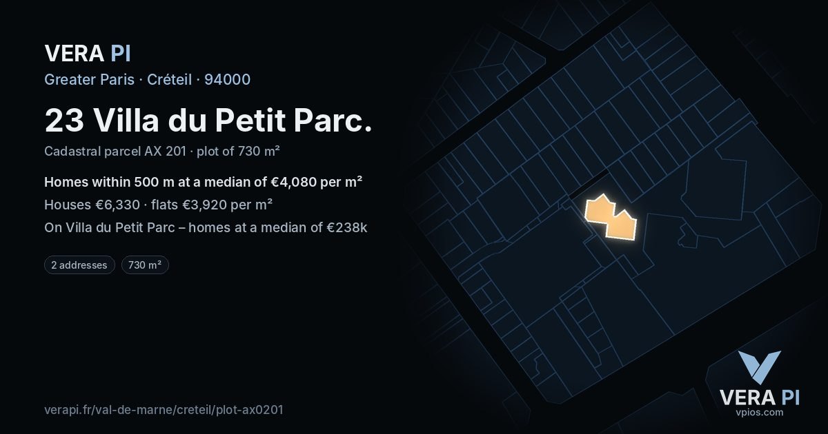 23 Villa du Petit Parc, Créteil at night – the plot lit, the parcels around coloured by the prices near them