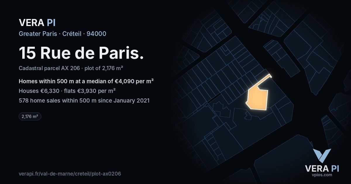 15 Rue de Paris, Créteil at night – the plot lit, the parcels around coloured by the prices near them