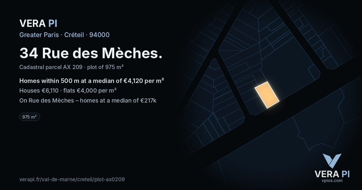 34 Rue des Mèches, Créteil at night – the plot lit, the parcels around coloured by the prices near them
