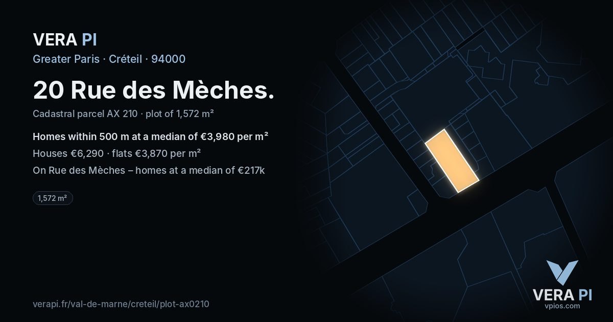20 Rue des Mèches, Créteil at night – the plot lit, the parcels around coloured by the prices near them