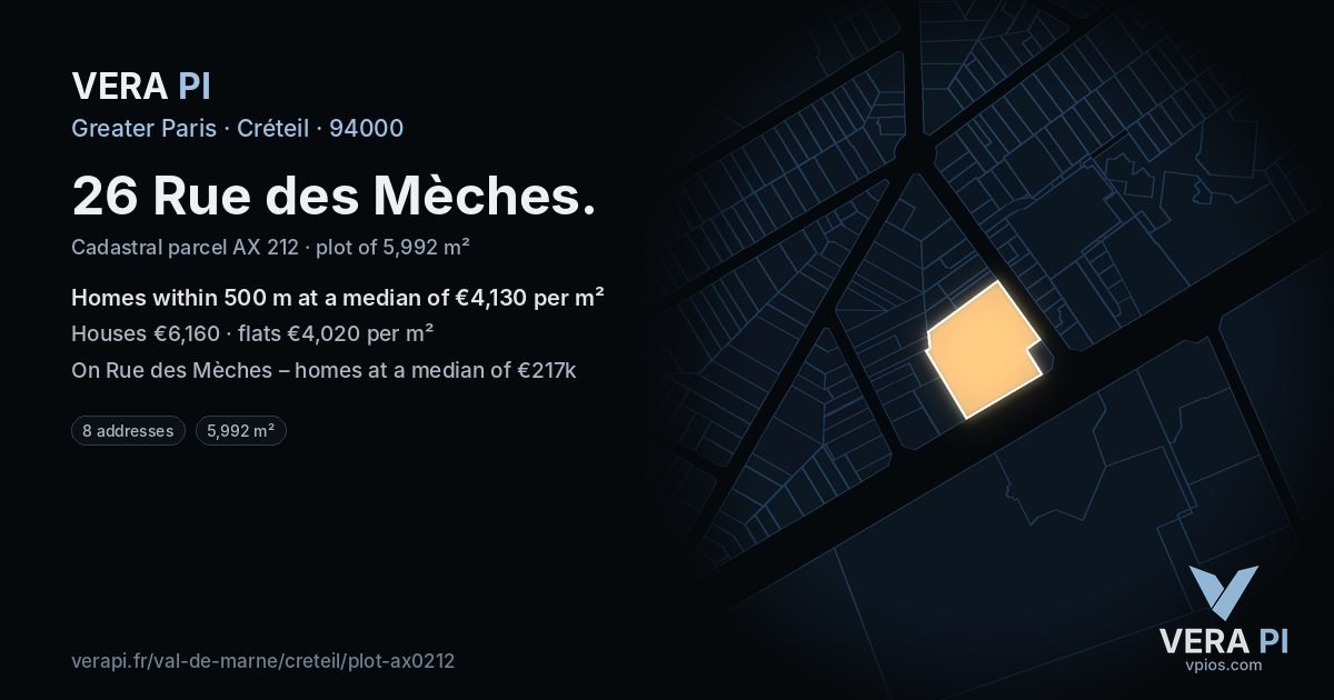 26 Rue des Mèches, Créteil at night – the plot lit, the parcels around coloured by the prices near them