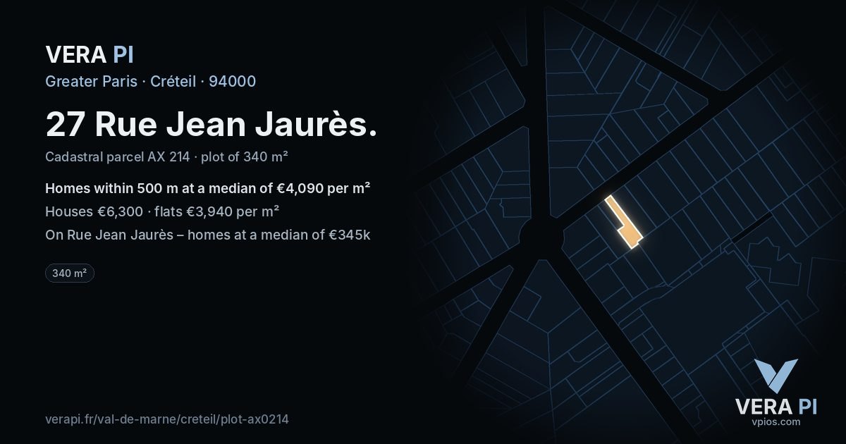 27 Rue Jean Jaurès, Créteil at night – the plot lit, the parcels around coloured by the prices near them