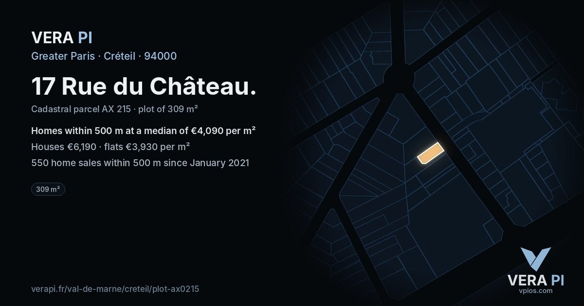 17 Rue du Château, Créteil at night – the plot lit, the parcels around coloured by the prices near them